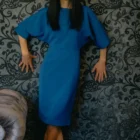 Rochie albastra scurta, dreapta, maneci fluture