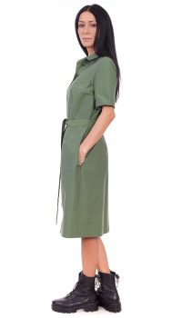 Rochie tip camasa,  dreapta din bumbac verde cu buzunare - imagine 2