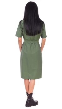 Rochie tip camasa,  dreapta din bumbac verde cu buzunare - imagine 3