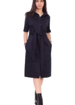 Rochie camasa din bumbac bleumarin cu buzunare