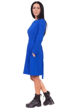 Rochie evazata cu maneca lunga matase albastra