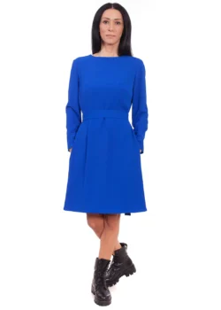 Rochie evazata cu maneca lunga matase albastra