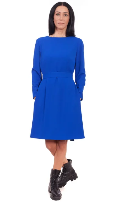 Rochie evazata cu maneca lunga matase albastra