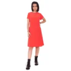 Rochie evazata cu maneca scurta si decolteu rotund din matase corai