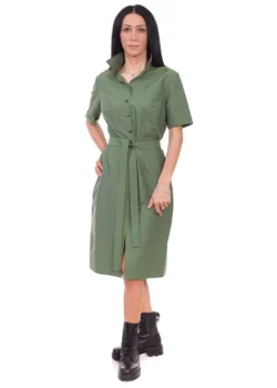 Rochie tip camasa, dreapta din bumbac verde cu buzunare