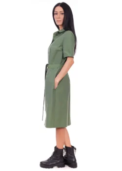 Rochie tip camasa, dreapta din bumbac verde cu buzunare