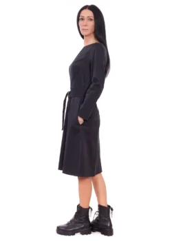 Rochie evazata din bumbac negru cu decolteu barcuta