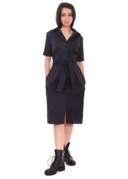 Rochie tip camasa, dreapta din bumbac negru cu buzunare