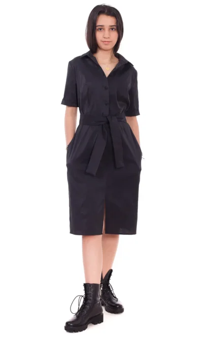 Rochie tip camasa, dreapta din bumbac negru cu buzunare