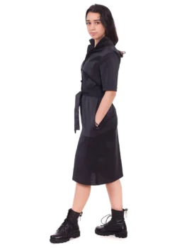 Rochie tip camasa, dreapta din bumbac negru cu buzunare