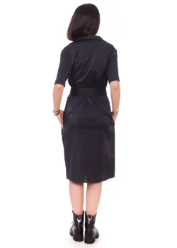 Rochie tip camasa, dreapta din bumbac negru cu buzunare
