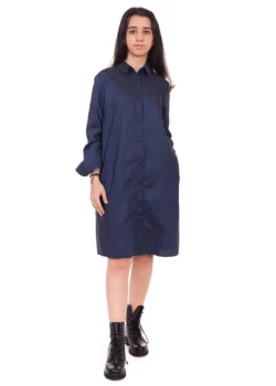 Rochie tip camasa, dreapta din bumbac bleumarin cu buzunare
