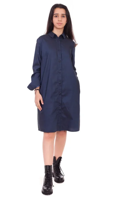 Rochie tip camasa, dreapta din bumbac bleumarin cu buzunare