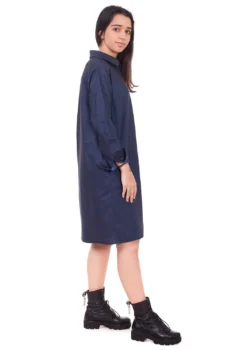 Rochie tip camasa, dreapta din bumbac bleumarin cu buzunare