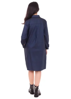 Rochie tip camasa, dreapta din bumbac bleumarin cu buzunare