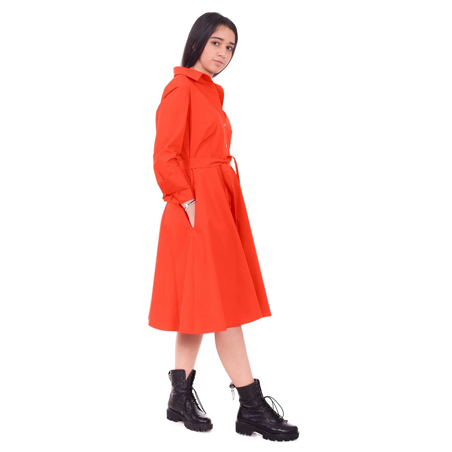 Rochie tip camasa corai, din bumbac
