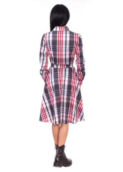 Rochie tip camasa din bumbac in carouri rosu gri alb