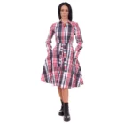 Rochie tip camasa din bumbac in carouri rosu gri alb