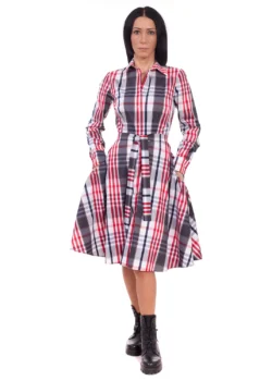 Rochie tip camasa din bumbac in carouri rosu gri alb