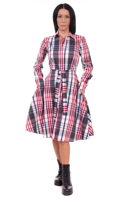 Rochie tip camasa din bumbac in carouri rosu gri alb