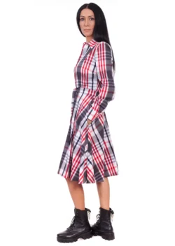 Rochie tip camasa din bumbac in carouri rosu gri alb