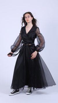 Bluza scurta petrecuta cu maneci bufante din organza neagra - imagine 4