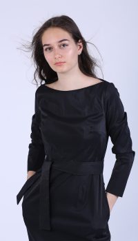 Rochie evazata din bumbac negru lucios cu maneca 3/4 - imagine 5