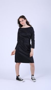 Rochie evazata din bumbac negru lucios cu maneca 3/4 - imagine 6