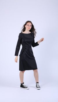 Rochie evazata din bumbac negru lucios cu maneca 3/4 - imagine 7