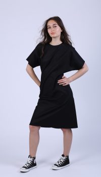 Rochie neagra, evazata, cu maneca fluture si desfacuta la spate - imagine 5