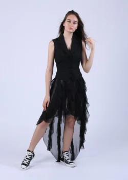 Fusta asimetrica neagra din mesh negru si volane verticale
