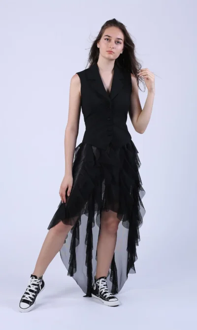 Fusta asimetrica neagra din mesh negru si volane verticale
