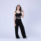 pantaloni dama largi matase naturala neagra cu buzunare