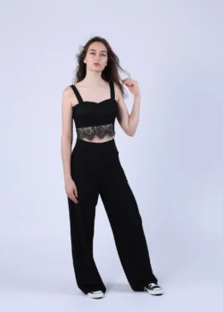 pantaloni dama largi matase naturala neagra cu buzunare