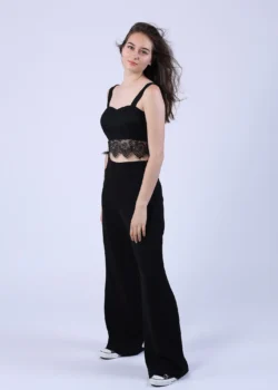 pantaloni dama largi matase naturala neagra cu buzunare