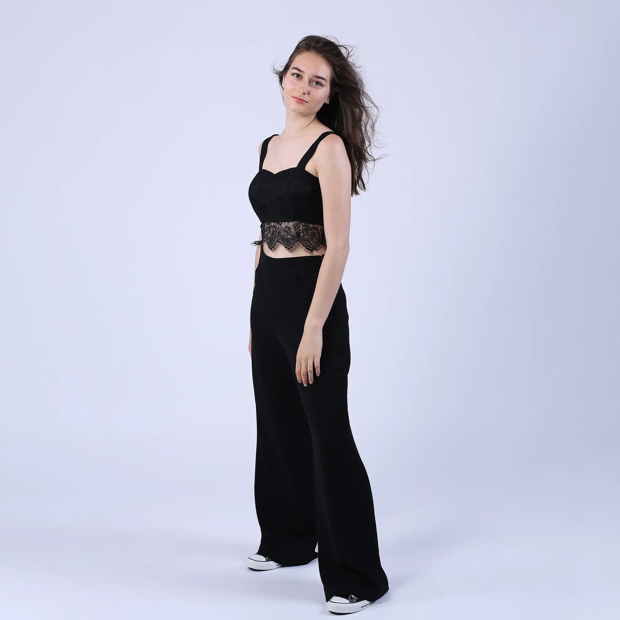 pantaloni dama largi matase naturala neagra cu buzunare