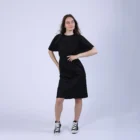 Rochie neagra, evazata, cu maneca fluture si desfacuta la spate