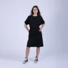 Rochie neagra, evazata, cu maneca fluture si desfacuta la spate