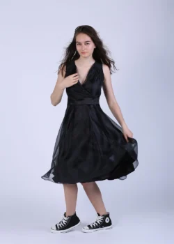 Rochie cu pliuri si bust petrecut din organza neagra