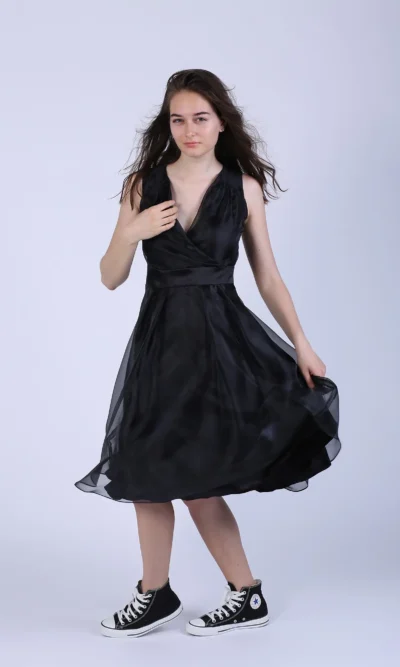 Rochie cu pliuri si bust petrecut din organza neagra