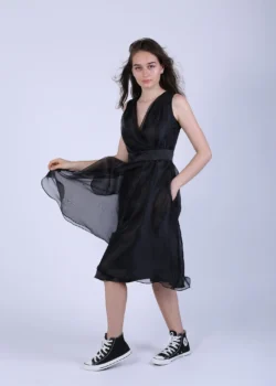 Rochie cu pliuri si bust petrecut din organza neagra