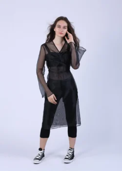 Rochie petrecuta usor evazata din organza neagra transparenta