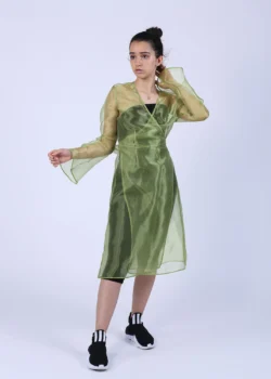 Rochie petrecuta usor evazata din organza verde transparenta
