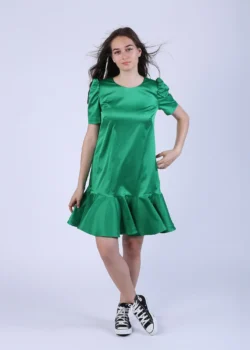 Rochie dreapta din bumbac verde cu volan si maneci bufante