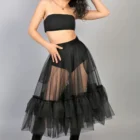 Fusta clos transparenta din tulle negru, cu volane la poale