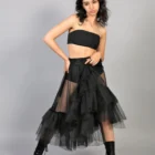 Fusta clos transparenta din tulle negru, cu volane la poale