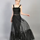 Fusta din tulle negru, lunga, cu volane la poale
