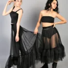 Fusta din tulle negru, lunga, cu volane la poale