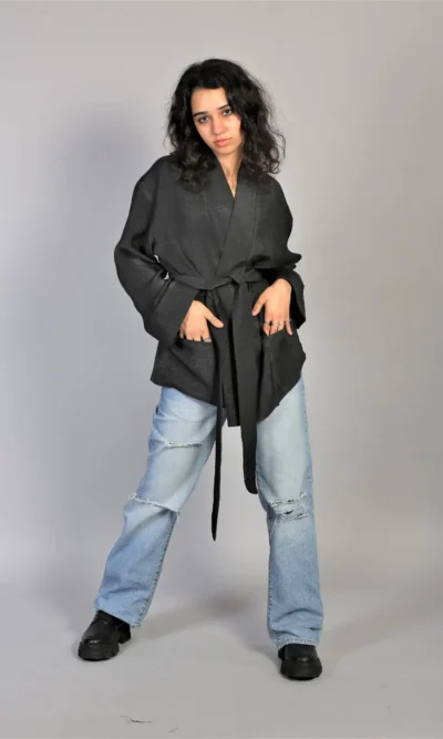 Sacou tip halat din tesatura gri-argintiu