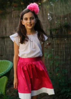 Fusta din bumbac satinat fucsia cu bordura din bumbac alb